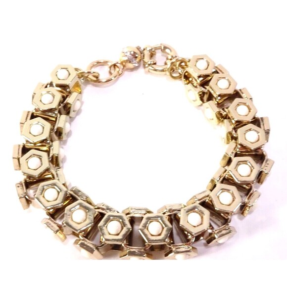 Lee Angel Women's Howlite Cabochon Gold Brass Box Link Bracelet NWT 168 - Picture 1 of 7